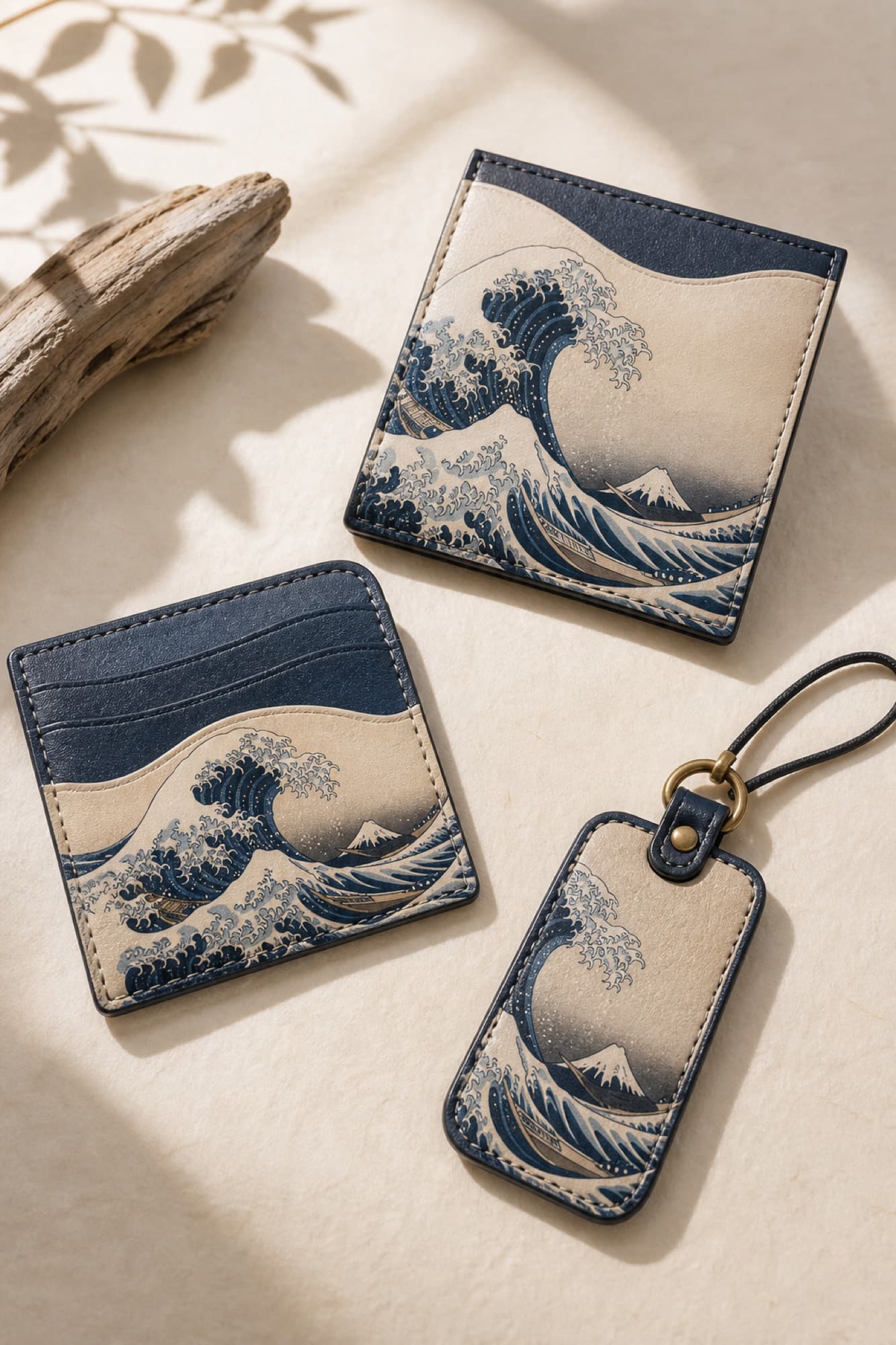 浮世絵をあしらった革の名刺入れと財布